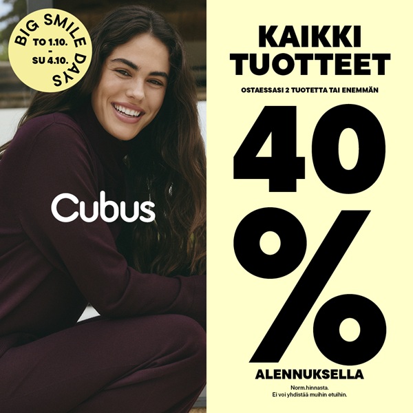 Kaikki tuotteet -40% sunnuntaihin asti. Cubus
