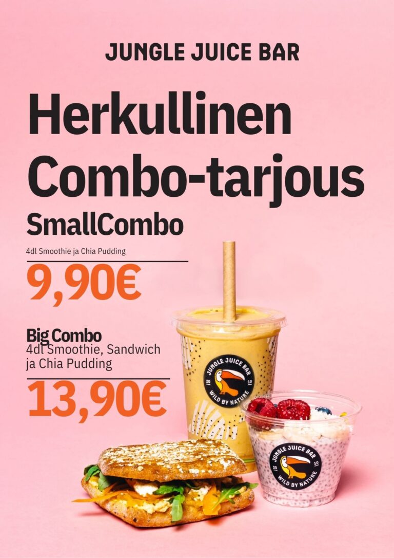 Herkullinen Combo-tarjous SmallCombo 4dl Smoothie ja Chia Pudding 9,90€ Big Combo 4dl Smoothie, Sandwich ja Chia Pudding 13,90€